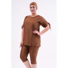 Büyük Beden Yarı Kapalı Tesettür Mayo Kol Detaylı 2311 Aysu Kahverengi