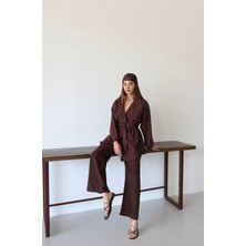 Kahverengi Pamuklu Kimono Bol Paça Pantolon Takım