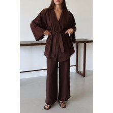 Kahverengi Pamuklu Kimono Bol Paça Pantolon Takım