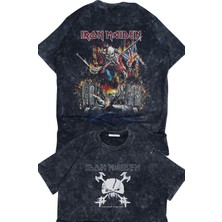 Fuddy Moda Unisex Iron Maiden Sırt Baskılı Yıkamalı Tişört, Oversize Rock-Metal Baskılı Retro T-Shirt