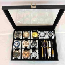 Teknotrust Şık Siyah Deri Kaplı Cam Kapağıyla Takı ve Saat Saklama Kutusu