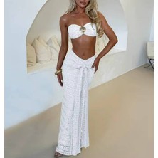 Deniz Kabuğu Detaylı Dantel Bandeau Crop & Yırtmaçlı Uzun Etek Takım
