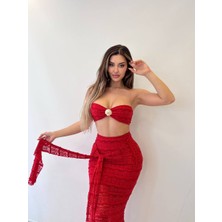 Deniz Kabuğu Detaylı Dantel Bandeau Crop & Yırtmaçlı Uzun Etek Takım