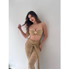 Deniz Kabuğu Detaylı Dantel Bandeau Crop & Yırtmaçlı Uzun Etek Takım