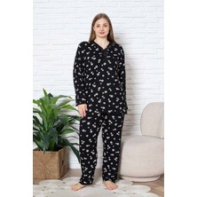 Bie's Kadın Büyük Beden Siyah Papatya Desenli V Yaka 3 Düğmeli Viskon Mevsimlik Uzun Kol Pijama Takımı