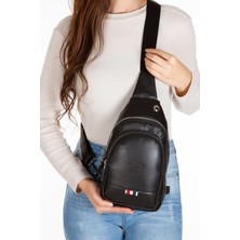 Newish Deri Kulaklık Çıkışlı Bodybag Göğüs ve Omuz Çantası new130 - Siyah