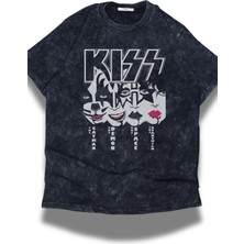 Fuddy Moda Unisex Kiss Rock Band Baskılı Yıkamalı Tişört, Oversize Rock-Metal Baskılı Vintage T-Shirt