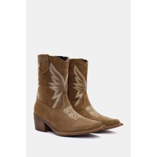Be Style Laura Kadın Camel Gerçek Süet Deri Taşlı Western Bot