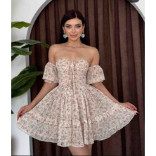 Sarı Renk Altı Astarlı Çiçekli Elbise