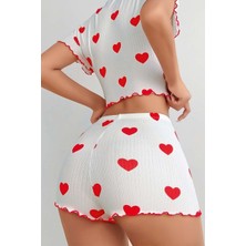 Ruselin Likralı Beyaz Tişört Kalp Desenli Şort Takım  L/XL