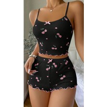 Stilim Trend Siyah Ince Askılı Kiraz Desenli Şortlu Saten Kadın 2li Pijama Takımı
