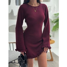 Yeni Sezon Sırt Dekolteli Bisiklet Yaka Geniş Kollu Fırfır Detaylı Mini Basic Triko Bordo Elbise