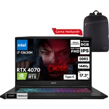 Msı Katana 17 I7-13620H 16-Gbddr5 512 Gbssd RTX4070 (8gb) 17.3" Fhd 144Hz Windows 11 Home Taşınabilir Bilgisayar + Hmf Sırt Çantası B13VGK-1030XTRHMFC57