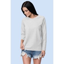 Düz Baskısız Gri Bisiklet Yaka Uzun Kollu Penye Kadın T-Shirt