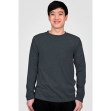 Düz Antrasit Bisiklet Yaka Uzun Kollu Erkek Penye T-Shirt