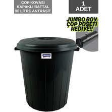 90 Litre Jumbo Boy Kapaklı Çöp Kovası Koyu Antrasit Renk (Çöp Poşeti Hediyeli)
