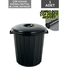 90 Litre Jumbo Boy Kapaklı Çöp Kovası Koyu Antrasit Renk (Çöp Poşeti Hediyeli)