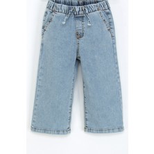 Kız Çocuk Beli Lastikli Kot Pantolon Geniş Paça Rahat Kalıp Jean