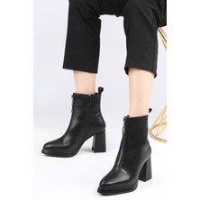 Kadın Siyah Cilt Önden Fermuarlı Topuklu Bot