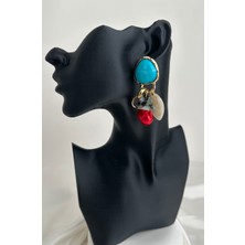 Turkuaz Taşlı Kırmızı Ici Detay Sallantılı Küpe (6cm)