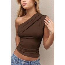 Kadın Tek Omuz Açık ve Yanı Büzgülü Crop-Bluz