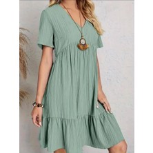 Rengastyle Kadın V Yaka Eteği Fırfırlı Bürümcük Kumaş Elbise