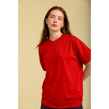 Guaraz Kadın Kırmızı Oversize Bisiklet Yaka %100 Pamuk Düz Basic Yazlık T-Shirt