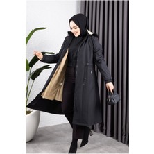 Kadın Kapüşonlu Belden Sıkmalı Bondit Kaban