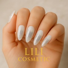 Lili Cosmetic Lüx Beyaz Gri Işıltılı Badem 24LÜ Takma Tırnak Kendinden Yapışkanlı Hipoalerjik