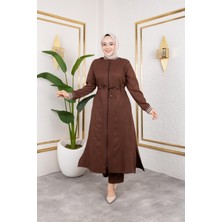 Kadın Ribanalı Fermuarlı Kahverengi Keten Ikili Takım