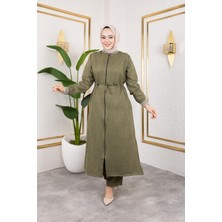 Kadın Ribanalı Fermuarlı Haki Keten Ikili Takım