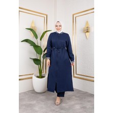 Kadın Ribanalı Fermuarlı Lacivert Keten Ikili Takım