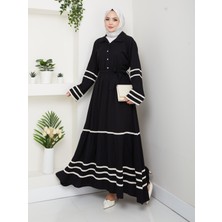 Kadın Çilek Kumaş Şerit Detaylı Kuşaklı Siyah Elbise