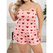 Büyük Beden Pembe Kalp Desen Pamuklu Şortlu Pijama Takımı