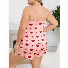 Büyük Beden Pembe Kalp Desen Pamuklu Şortlu Pijama Takımı