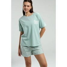 %100 Pamuklu Şortlu Yeşil Pijama Takımı M