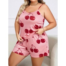 Büyük Beden Pembe Kiraz Desen Ince Askılı Pamuklu Şortlu Pijama Takımı