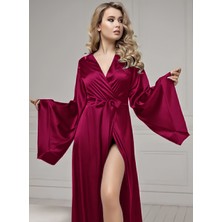 Koyu Fuşya Uzun Ipeksi Saten, Kollar Kloş Gelin Sabahlık Kimono