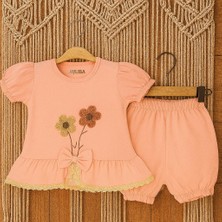 2 Li Kız Bebek Şortlu Çiçek Nakışlı Rahat Takım