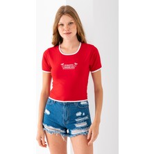 Kadın U Yaka Romantic Nakışlı T-Shirt Kırmızı - 925054