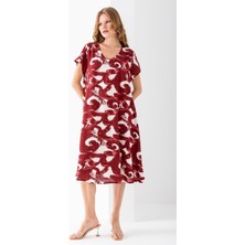 Kadın V Yaka Desenli Pamuklu Elbise Bordo - 5010