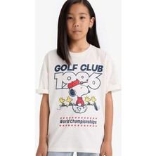 DeFacto Kız Çocuk Snoopy Oversize Geniş Kalıp Bisiklet Yaka Kısa Kollu Tişört E9655A825AU