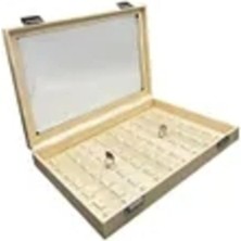 Teknotrust Krem Renkli Cam Kapaklı Deri Kumaş 34x24 cm Tırnaklı Yüzük Tablası