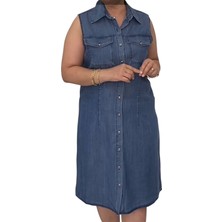Akşen Giyim Kolsuz Denim Gömlek Elbise Büyük Beden Mavi Günlük Kullanım İçin Tasarlandı