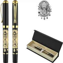 Altın Yaldızlı Osmanlı Tuğralı ve Figürlü Kutulu Metal Roller Kalem - Tekli