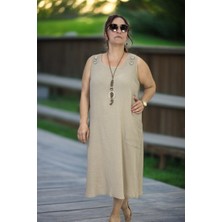 Düğme Detaylı Jopone Kol(Kolsuz) Cepli Müslin Kumaş Büyük Beden Yazlık Elbise