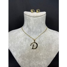 D Harfi Gold Çelik Kolye ve Küpe Set