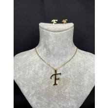 F Harfi Gold Çelik Kolye ve Küpe Kolye