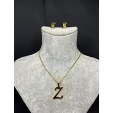 Z Harfi Gold Çelik Kolye ve Küpe Seti