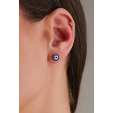 Gümüş 7.5 mm Nazar Boncuklu Boncuğu Minimal Küçük Yuvarlak Çivili Küpe